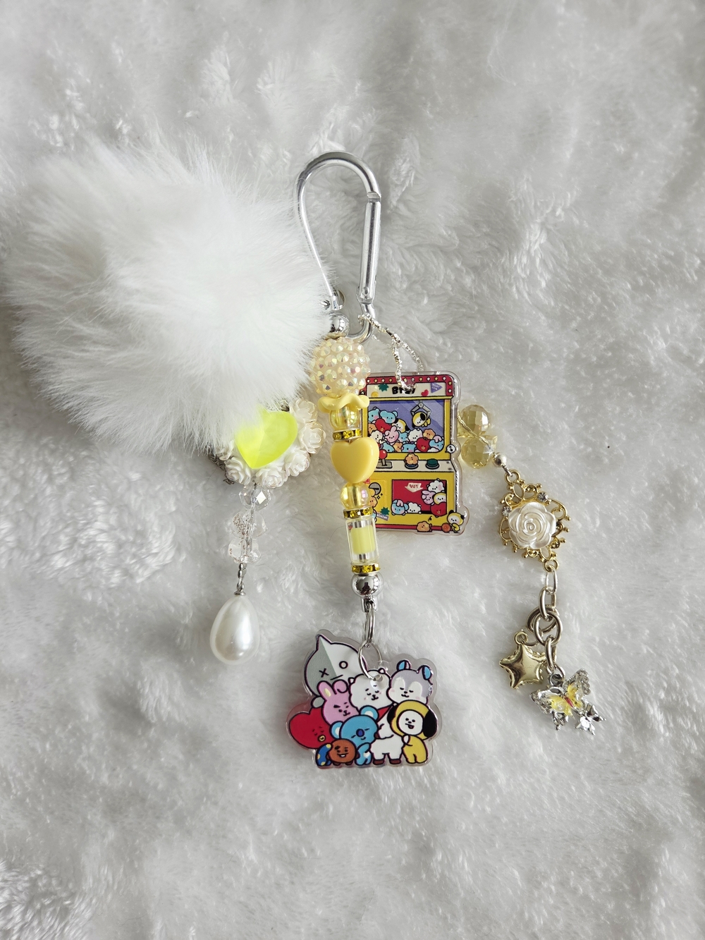 BT21 BTS White Pom-Pom Keychain with Yellow Character Charms Bag Charm